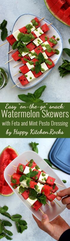 watermelon skewers with feta and mint pesto dressing on a platter