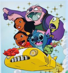 an image of cartoon characters on a yellow submarine with stars and sparkles in the background