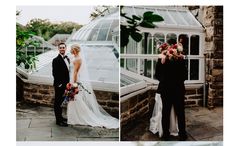 the bride and groom are posing for pictures in front of an old greenhouse with glass doors