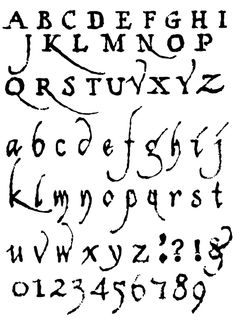 an old english alphabet with the letters and numbers drawn in ink on white paper, vintage line drawing or engraving style