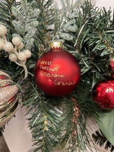 red christmas ornament with children's handwriting on it Red Ornaments, Family Keepsakes, Christmas Decoration Items, Gift For Grandma