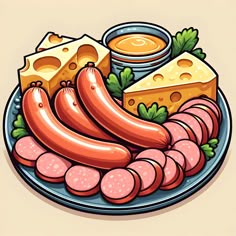 a plate with sausages and cheese on it