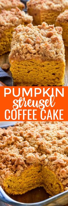 pumpkin coffee cake with crumbs on top and the words pumpkin dessert coffee cake above it