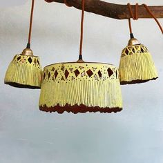 three yellow lamps hanging from a tree branch