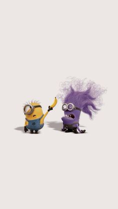 two cartoon minion characters one with purple hair and the other holding an object in his hand