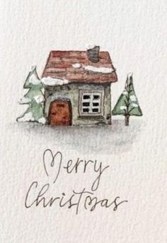 a watercolor drawing of a house with trees and snow on the roof that says merry christmas