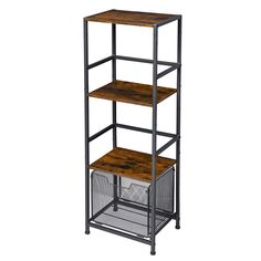 three tiered shelving unit with mesh bins on each side and wood top