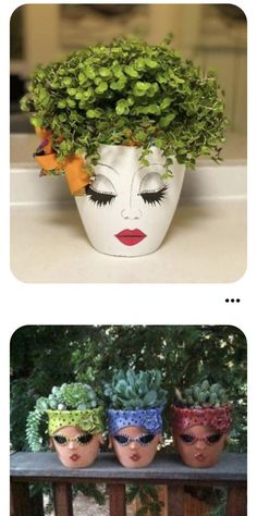 two pictures with plants in them and one has eyes painted on the planter's head