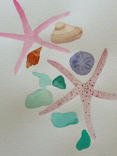 Sea Collection Two Pink Sea Star | 12” h x 9” w - Liza Pruitt Watercolor Paintings Wall Decor, Sketch Book Watercolors, Coastal Christmas Painting, Easy Water Coloring Art, Seashell Watercolor Painting, Easy Beach Watercolor Paintings, Soccer Watercolor, Seashell Watercolor