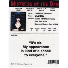 Signs 4 Fun Parody ID | Elvira ID | Fake ID Novelty Card | Collectible Trading Card Drivers License | Novelty Gift for Holidays | Made in The USA Holiday Gift Card, Collectible Trading Cards, Gift Card Shop, Novelty Gifts, Trading Card, Made In The Usa, Gift Registry, Trading Cards, Gift Shop