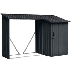 an outdoor storage shed with the door open to reveal it's sidewalls