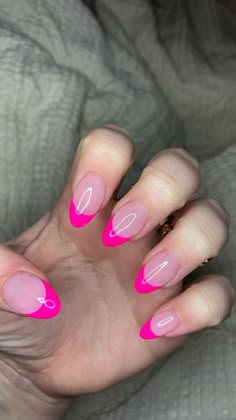 Nail Ideas Hot Pink Art Designs, Bright Color Almond Nail Designs, Round Hot Pink French Tip Nails, Barbie Pink French Nails, Hot Pink Fade Nails, Cute Summer Nails Pink And Orange, Bright Pink French Tip Nails Almond, Short Oval Nails Ideas Pink, French Tip Nails Pink And Orange