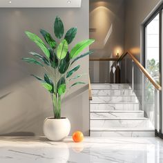 a potted plant sitting on top of a white table next to a stair case