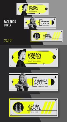 three yellow and black facebook cover designs with two women on one side, the other is in