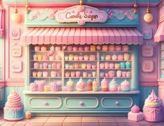 a candy shop with lots of cupcakes on display