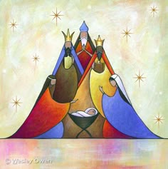 the three wise men are depicted in this colorful art print by westley oveen