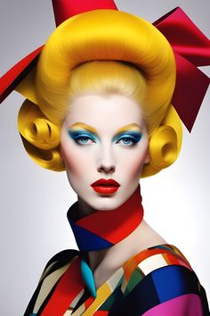 a woman with yellow hair and bright blue eyeshadow wearing a colorful dress, red bow tie and matching headpiece