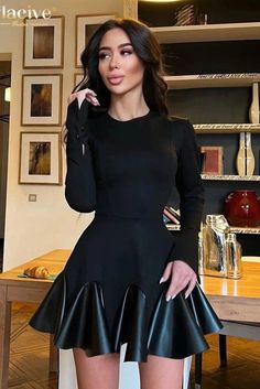 43646598250540|43646598283308|43646598316076 Black Long Sleeve Mini Dress, Office Dresses For Women, Professional Wardrobe, Pleated Mini Dress, Khaki Dress, Patchwork Dress, Knit Mini Dress, Long Sleeve Mini, Long Sleeve Mini Dress