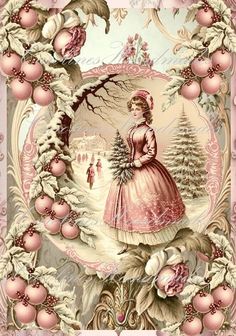 an old fashioned christmas card with a woman in pink