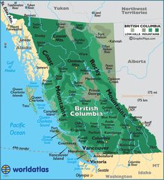 a map of the state of british columbia with major cities and towns on it's borders