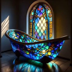 a bath tub sitting in front of a stained glass window