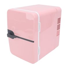 a pink refrigerator with the door open on a white background