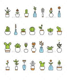 a cross stitch pattern with potted plants in different sizes and colors on a white background