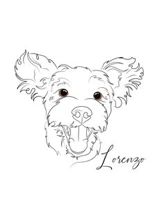 a black and white drawing of a dog's face with its tongue hanging out