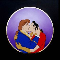 an image of two people kissing in front of a purple background with the words beauty and the beast on it