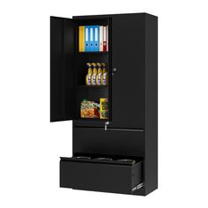 a black cabinet with two shelves and some food in it's bottom drawer,