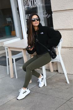 From the gym to coffee in comfy sneaks and cozy coats perfect for Fall #LTKfit #LTKSeasonal #LTKunder100 Khaki Leggings Outfit, Green Leggings Outfit, Athleisure Street Style, Outfits Leggins, Fitness Resolutions, Andee Layne, Casual Mom Style, Sneakers Street Style, Green Leggings