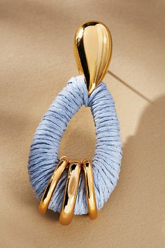 Plated brass, raffia Post styling Imported | Raffia-Wrapped Hoop Earrings by Anthropologie in Blue, Women's, Plated Brass Anthropologie, Diy Earrings, Raffia Earrings, Blue Fits, Light Summer, 50 Fashion, Color Coding, Jewelry Accessories, Hoop Earrings