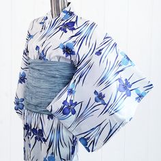 This Japanese yukata features beautiful blue irises against a clean white background. It's simple but elegant and perfect for all occasions. Light Blue Kimono, Blue Kimono Aesthetic, Traditional Blue Festive Kimono, Yukata Women, Traditional Blue Floral Kimono, Blue Yukata Women, Japanese Yukata, White Kimono, Yukata Kimono