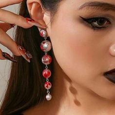 “Vampire Bite” Elegant Blood Spatter Droplets Bloody Descending Size Pearls Murder Scene Horror Vampire Fright Scary Halloween Fantasy Gothic Punk Rock Edgy Spooky Creepy Upscale Classy Stud Post Dangle Earrings. Imaginative & Awesome, This Strand Of 5 Descending Sized White Pearl Orbs Has Red Blood Spatter On The Pearls, With A Silver Framed White Pearl Cabochon Attached To The Posts. A Wonderful Piece For Vampire Lovers, Costumes, Halloween, Or Every Day Gothic Wear! 925 Sterling Silver. Hypoa Blood Accessories, Horror Jewelry, Vampire Accessories, Pearls Aesthetic, Horror Vampire, Vampire Bite, Vampire Lovers, Horror Earrings, Vampire Cosplay