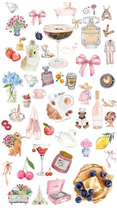 a bunch of food and drink items on a white background