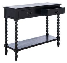 a black console table with two drawers on one side and an open drawer on the other