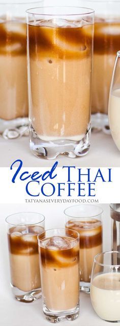 several glasses filled with different types of desserts next to the words need thai coffee