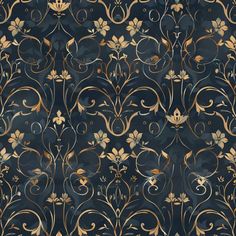 a black and gold wallpaper with floral designs