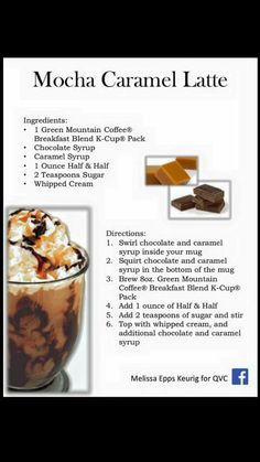 an advertisement for mocha caramel latte with information about the ingredients and how to use it