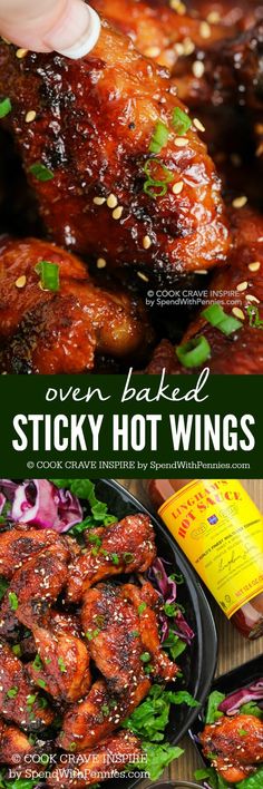 the cover of one baked sticky hot wings is shown in front of an image of chicken wings