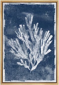 a blue and white painting of corals in water