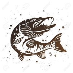 two fish jumping out of the water with their mouths open and teeth wide open, on a white background