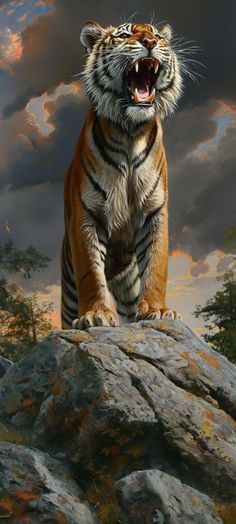 a tiger standing on top of a large rock with its mouth open and it's teeth wide open