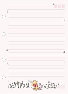 winnie the pooh lined notepad with flowers and stars on it, in pink