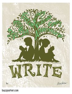 two children reading under a tree with the words write on it's sides and underneath them