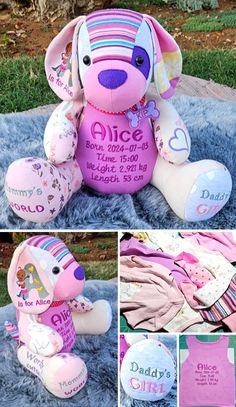 a pink teddy bear with its name on it's chest and other pictures of the stuffed animal