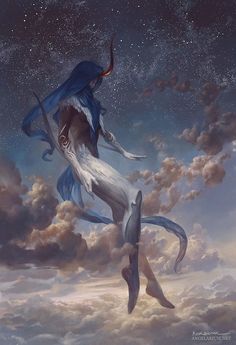 a painting of two mermaids floating in the air with clouds and stars above them