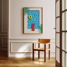 a painting hangs on the wall next to a wooden chair in a room with white walls