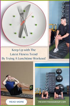 an advertisement for a fitness program with pictures of people doing exercises and the words keep up with the latest fitness trend by trying a lunch workout