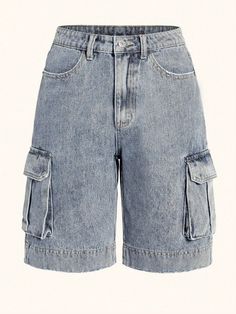 Women's Cargo Pocket Casual Bermuda Loose Denim Shorts Light Wash Casual   Denim Plain Bermuda Non-Stretch  Women Clothing, size features are:Bust: ,Length: ,Sleeve Length: Oversized Jean Shorts, Jean Shorts Long, Bermudas Cargo, Loose Denim Shorts, Long Jean Shorts, Bermuda Cargo, Short Cargo, Y2k Shorts, Korean Casual Outfits